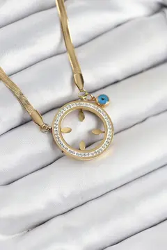 316L Çelik Zirkon Taşlı Çeyrek Takılabilir Gold Renk Kadın Kolye 5886
