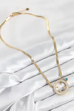 316L Çelik Zirkon Taşlı Çeyrek Takılabilir Gold Renk Kadın Kolye 5886