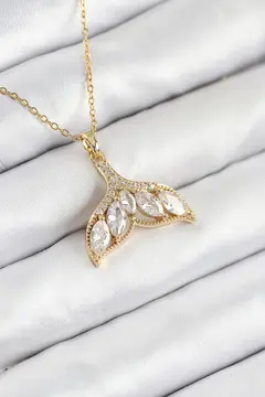 316L Çelik Zirkon Taşlı Balık Kuyruğu Model Gold Renk Kadın Kolye 5886