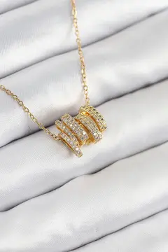 316L Çelik Zirkon Taşlı Sarmal Model Gold Renk Kadın Kolye 5886