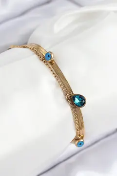 316L Çelik Nazar Boncuk Detaylı Mavi Zirkon Taşlı Model İtalyan Zincir Gold Renk Kadın Bileklik 5886