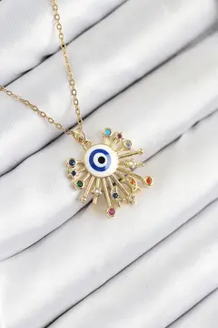 316L Çelik Zirkon Taşlı Nazar Model Gold Renk Kadın Kolye 5886