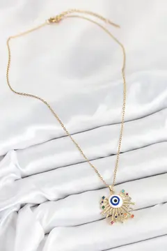 316L Çelik Zirkon Taşlı Nazar Model Gold Renk Kadın Kolye 5886