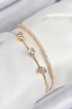 Pirinç Zirkon Taşlı Kalp Model Gold Renk Kadın Bileklik 5886