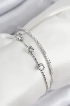 Pirinç Zirkon Taşlı Kalp Model Gümüş Renk Kadın Bileklik 5886