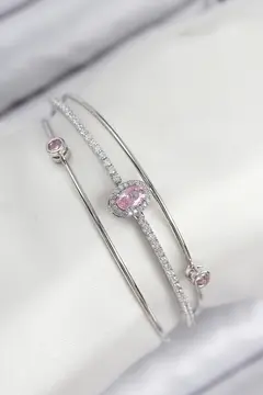 Pirinç Zirkon Taşlı Baget Model Gümüş Renk Kadın Bileklik 5886