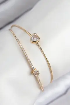 Pirinç Zirkon Taşlı Kalp Model Gold Renk Kadın Bileklik 5886
