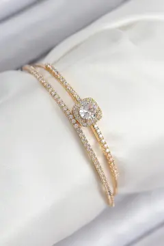 Pirinç Zirkon Taşlı Baget Model Gold Renk Kadın Bileklik 5886