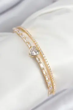 Pirinç Zirkon Taşlı Kalp Model Gold Renk Kadın Bileklik 5886