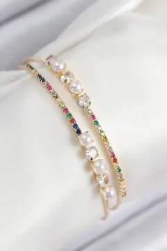 Pirinç Zirkon Taşlı İnci Model Gold Renk Kadın Bileklik 5886