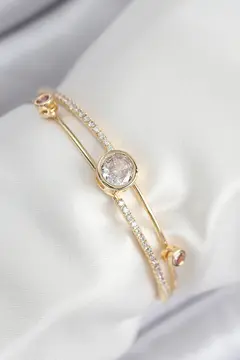 Pirinç Zirkon Taşlı Pırlanta Model Gold Renk Kadın Bileklik 5886