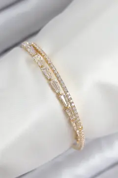 Pirinç Zirkon Taşlı Su Yolu Model Gold Renk Kadın Bileklik 5886