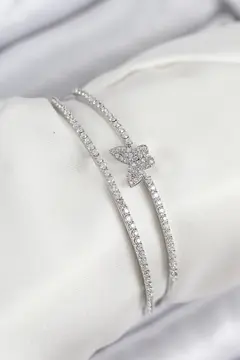 Pirinç Zirkon Taşlı Kelebek Model Gümüş Renk Kadın Bileklik 5886