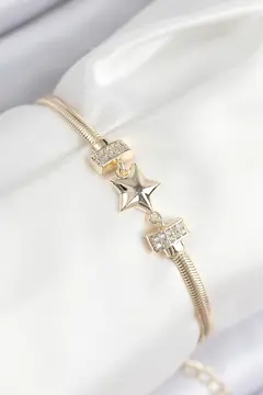 Pirinç Zirkon Taşlı Yıldız Model Gold Renk Kadın Bileklik 5886