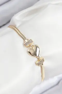 Pirinç Zirkon Taşlı Kalp Model Gold Renk Kadın Bileklik 5886