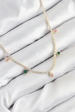 Pirinç Zirkon Taşlı Su Yolu Damla Model Gold Renk Kadın Kolye 5886