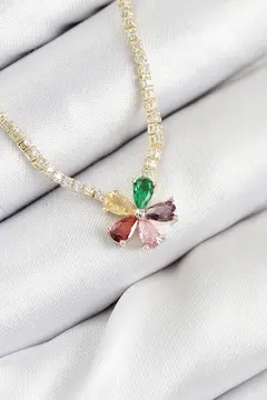 Pirinç Zirkon Taşlı Su Yolu Asorti Çiçek Model Gold Renk Kadın Kolye 5886