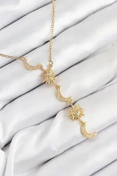 316L Çelik Zirkon Taşlı Güneş Ve Ay Model Gold Renk Kadın Kolye 5886