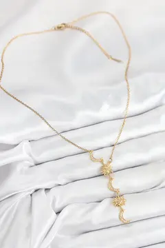 316L Çelik Zirkon Taşlı Güneş Ve Ay Model Gold Renk Kadın Kolye 5886