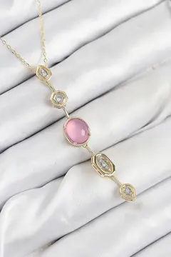 Pirinç Zincir Pembe Gold Renk Zirkon Taşlı Y Kolye 5886