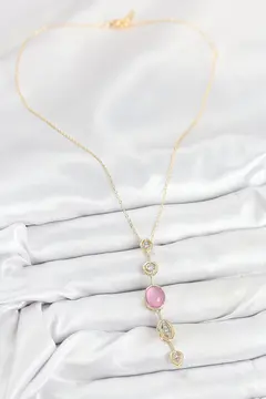 Pirinç Zincir Pembe Gold Renk Zirkon Taşlı Y Kolye 5886