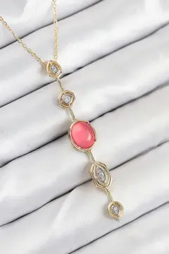 Pirinç Zincir Pembe Gold Renk Zirkon Taşlı Y Kolye 5886