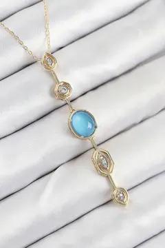 Pirinç Zincir Mavi Gold Renk Zirkon Taşlı Y Kolye 5886