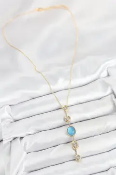 Pirinç Zincir Mavi Gold Renk Zirkon Taşlı Y Kolye 5886