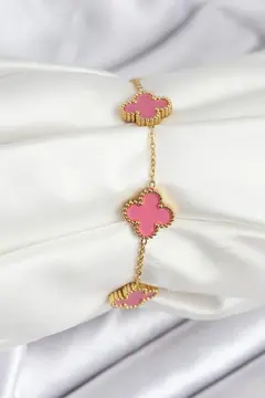 316L Çelik Gold Zincir Pembe Yonca Renk Bileklik 5886