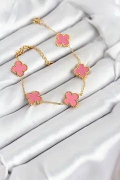 316L Çelik Gold Zincir Pembe Yonca Renk Bileklik 5886