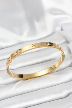 316L Çelik Gold Renk Zirkon Taşlı 65 mm Kadın Kelepçe Bileklik 5886