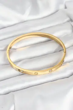 316L Çelik Gold Renk Zirkon Taşlı 65 mm Kadın Kelepçe Bileklik 5886