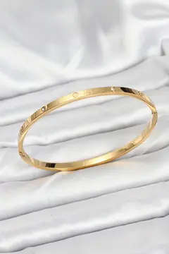 316L Çelik Gold Renk Zirkon Taşlı 65 mm İnce Kadın Kelepçe Bileklik 5886