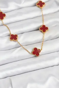 316L Çelik Gold Renk Zincir Bordo Yonca Kadın Kolye 5886