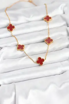 316L Çelik Gold Renk Zincir Bordo Yonca Kadın Kolye 5886