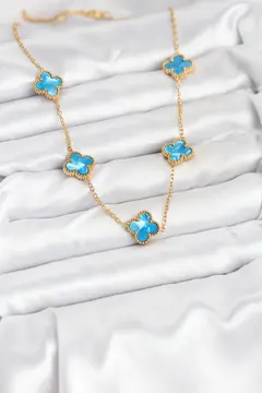 316L Çelik Zincir Gold Buz Mavisi Renk Yonca Kolye 5886