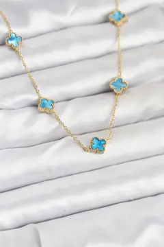 316L Çelik Zincir Gold Renk Buz Mavisi Baby Boy Yonca Kadın Kolye 5886