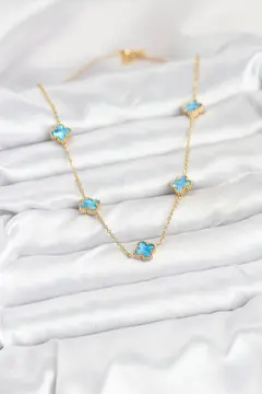 316L Çelik Zincir Gold Renk Buz Mavisi Baby Boy Yonca Kadın Kolye 5886