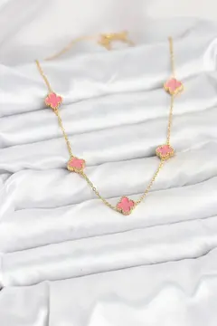 316L Çelik Zincir Gold Renk Pembe Baby Boy Yonca Kadın Kolye 5886
