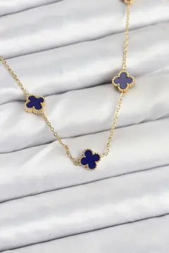 316L Çelik Zincir Gold Renk Lacivert Baby Boy Yonca Kadın Kolye 5886