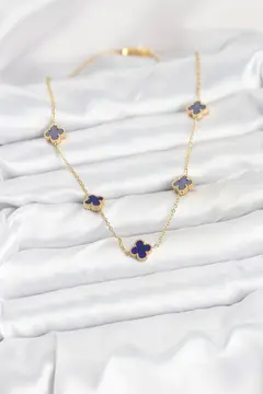 316L Çelik Zincir Gold Renk Lacivert Baby Boy Yonca Kadın Kolye 5886