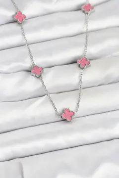 316L Çelik Zincir Gümüş Renk Pembe Baby Boy Yonca Kadın Kolye 5886