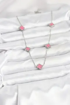 316L Çelik Zincir Gümüş Renk Pembe Baby Boy Yonca Kadın Kolye 5886