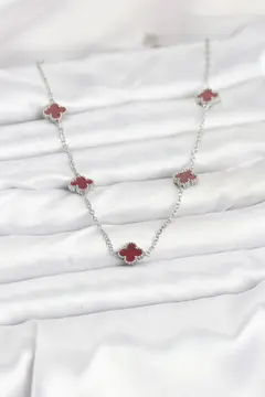 316L Çelik Zincir Gümüş Renk Bordo Baby Boy Yonca Kadın Kolye 5886