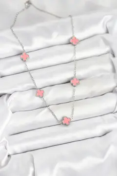 316L Çelik Zincir Gümüş Renk Pembe Baby Boy Yonca Kadın Kolye 5886