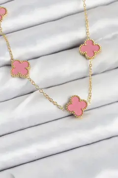 316L Çelik Zincir Gold Pembe Renk Yonca Kadın Kolye 5886