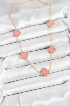 316L Çelik Zincir Gold Pembe Renk Yonca Kadın Kolye 5886