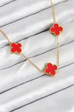 316L Çelik Zincir Gold Kırmızı Renk Yonca Kadın Kolye 5886