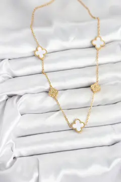 316L Çelik Zincir Gold Renk Beyaz ve Zirkon Taşlı Yonca Kadın Kolye 5886