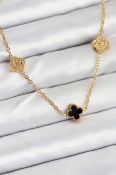 316L Çelik Zincir Gold Renk Siyah ve Zirkon Taşlı Baby Boy Yonca Kadın Kolye 5886